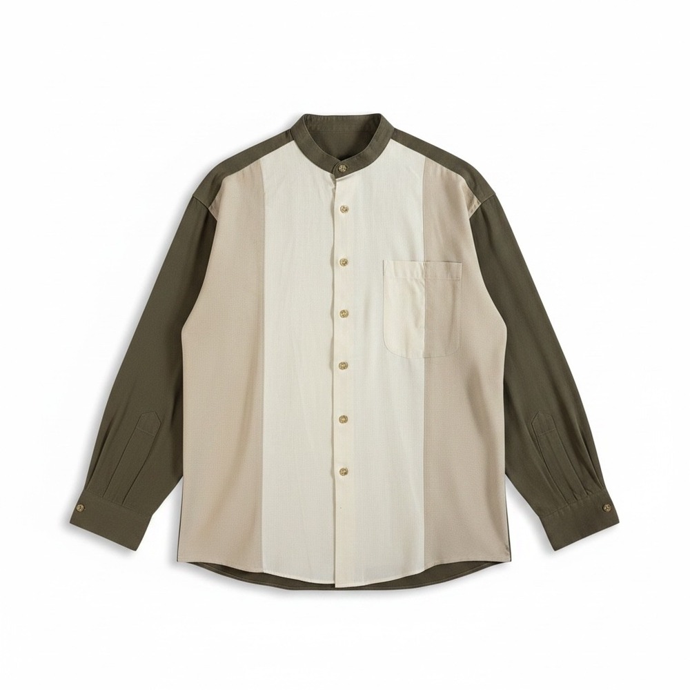 Cellini Linea Uomo Mens Linen Cotton Band Collar Colorblock Shirt Olive Tan M